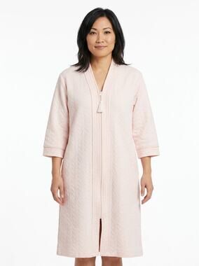 Body Touch Pink Quilted Zip Front Tassel 3/4 Sleeve Robe Women Size M